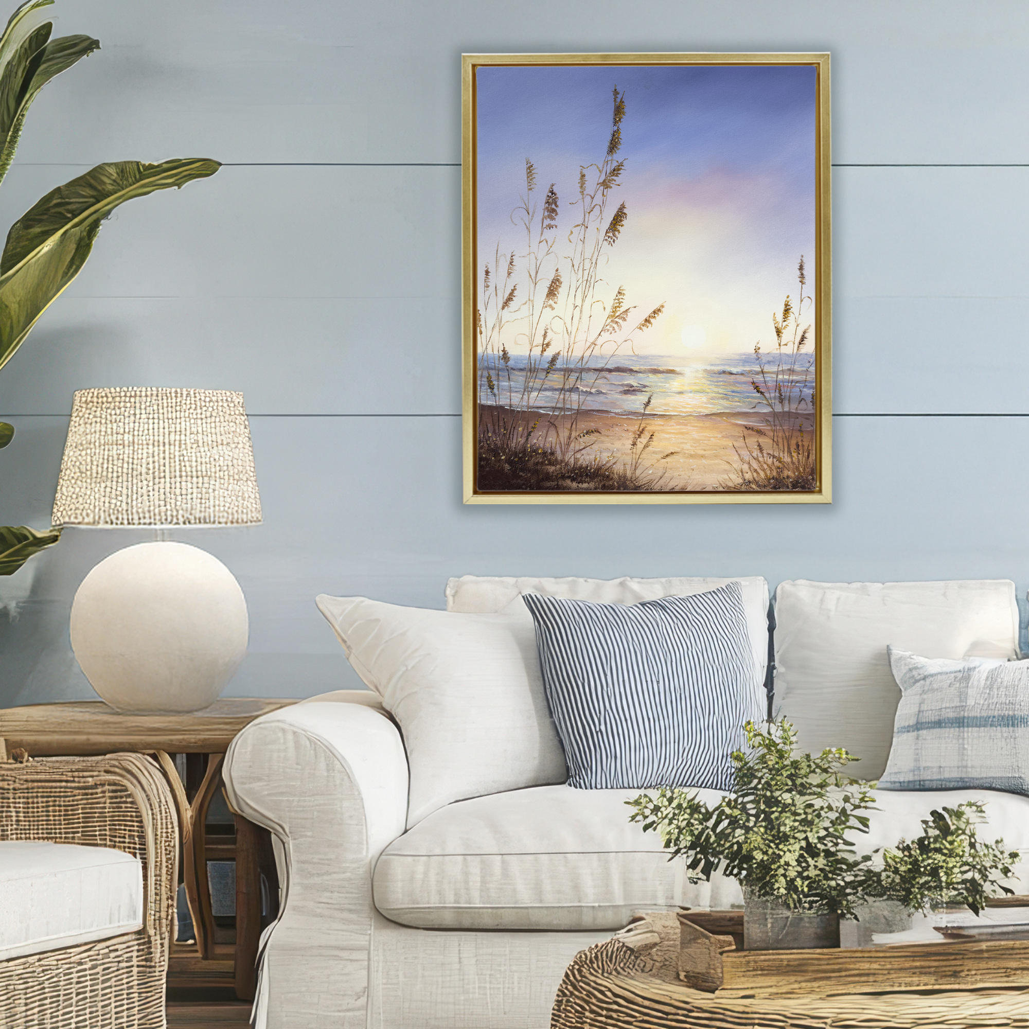 Seascape with Sunlit Grasses Gold Framed Floater Canvas Wall Art, design by Michelle Faber