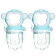 thumbnail image 1 of Juego de 2 mordeduras de silicona azul - Juguete para chupete de comida para bebés - Alimentador de alimentos sólidos para bebés y niños pequeños - Seguro y fácil de limpiar, con mango para, 1 of 5