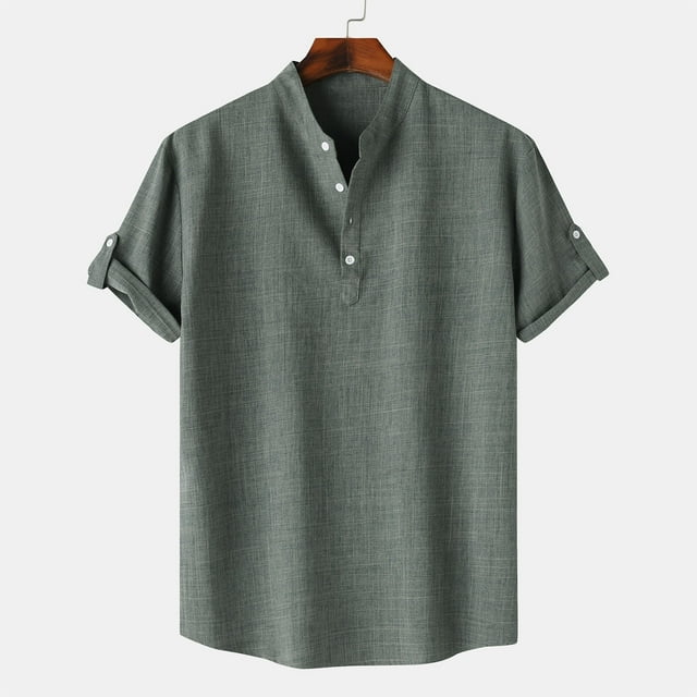 SDNall Men Casual Solid Stand Collar Short Sleeve Button Closure Shirt Hawaii Blouse