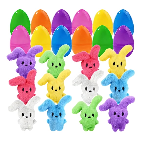 Easter Egg Fillers & Basket Stuffer Essentials for Teens Kids - 12Pack Prefilled Easter Eggs Plush Bunny Toys, Treasure Box Toys for Classroom Boys Girls, Egg Hunt Party Supplies