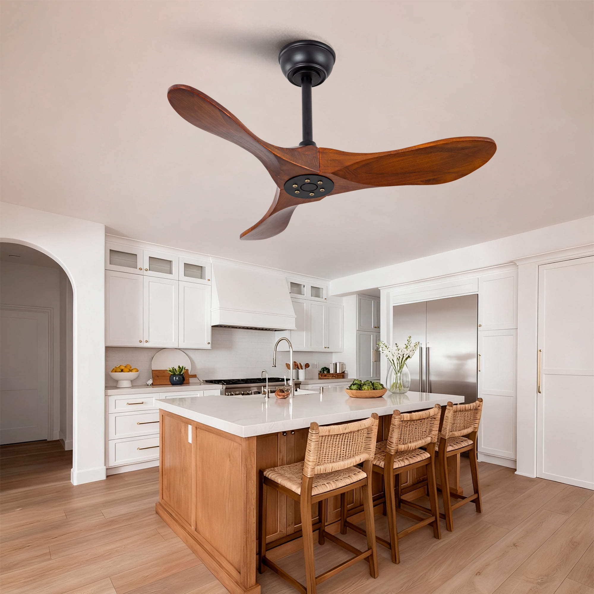 Ceiling Fan No Light, 36 Inch 3 Blades Solid Wood Outdoor Fan with Remote Control for Patio Living Room Bedroom, Black Dark Walnut