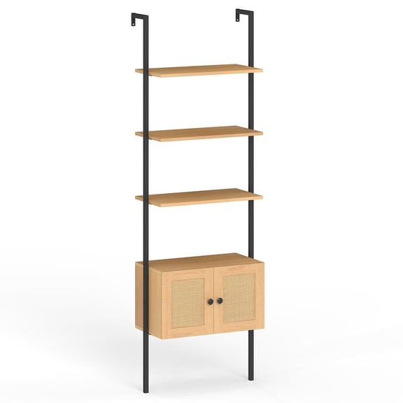 Resenkos 5-Tier Ladder Bookcase with Rattan Cabinet - Metal Frame, Natural