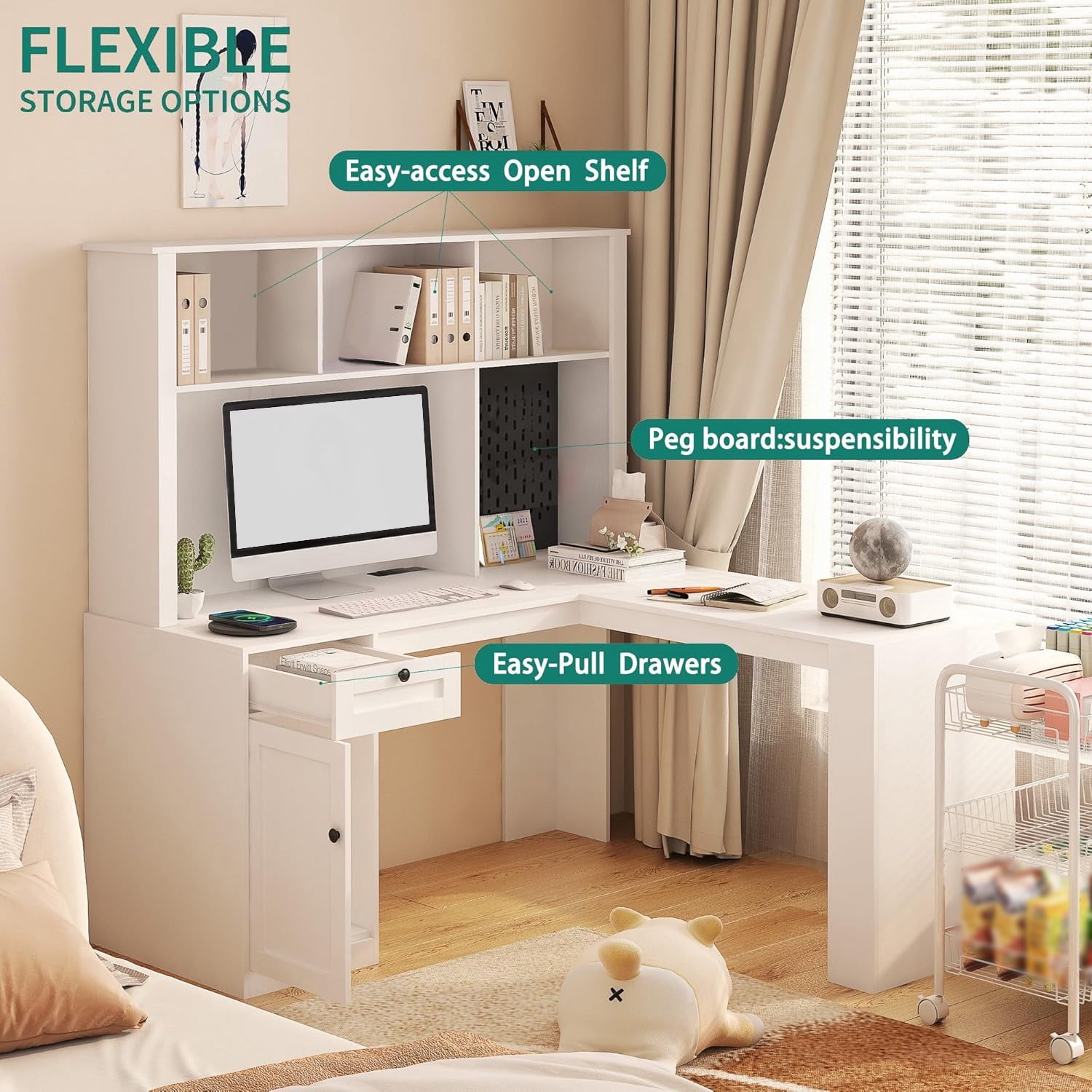 Royard Oaktree Wood L Shaped Computer Desk with Outlets, USB Ports, Drawer, Bookshelf, and Hutch