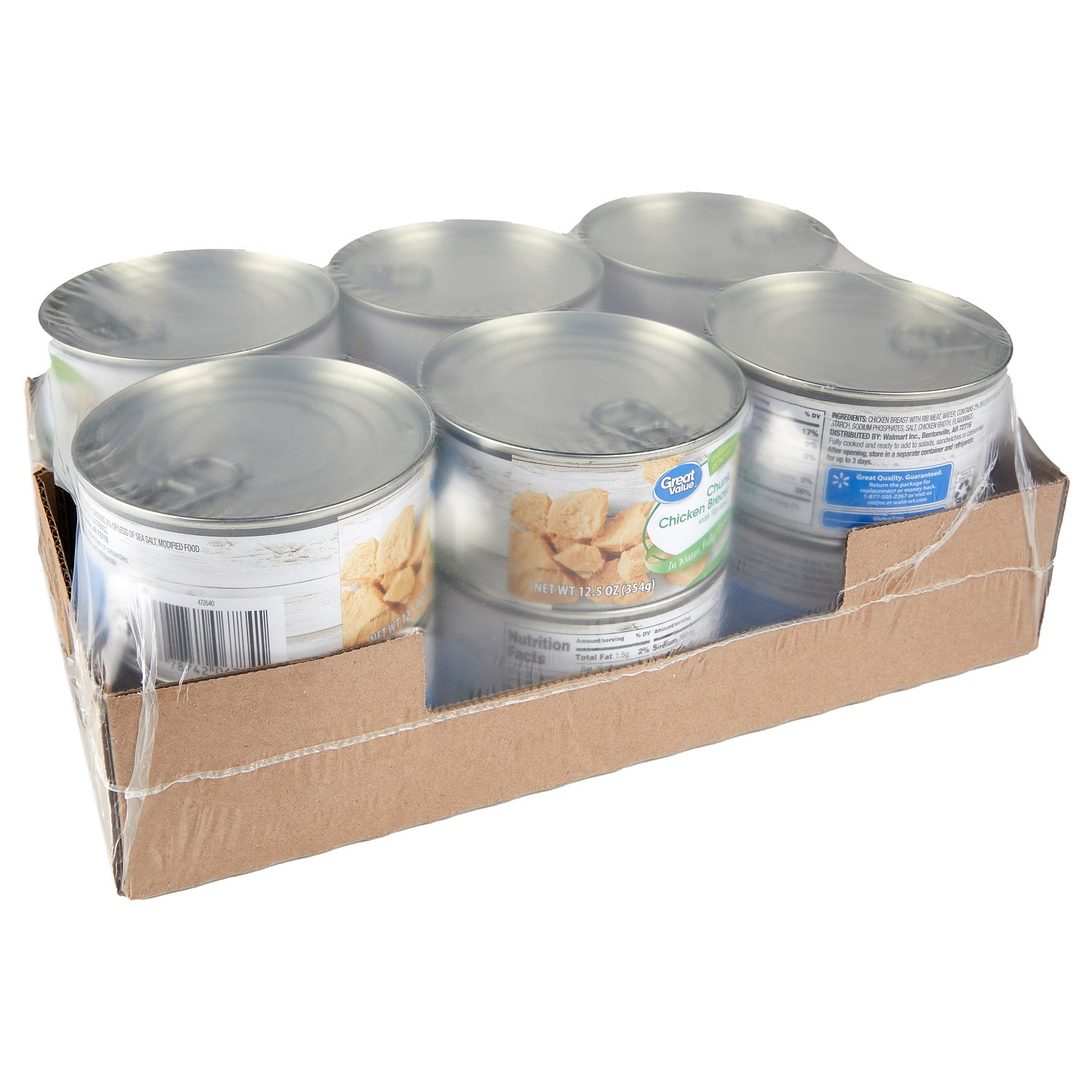 Great Value Chunk Chicken Breast, with Rib Meat in Water, Fully Cooked, 12.5 oz Can, 12 Count