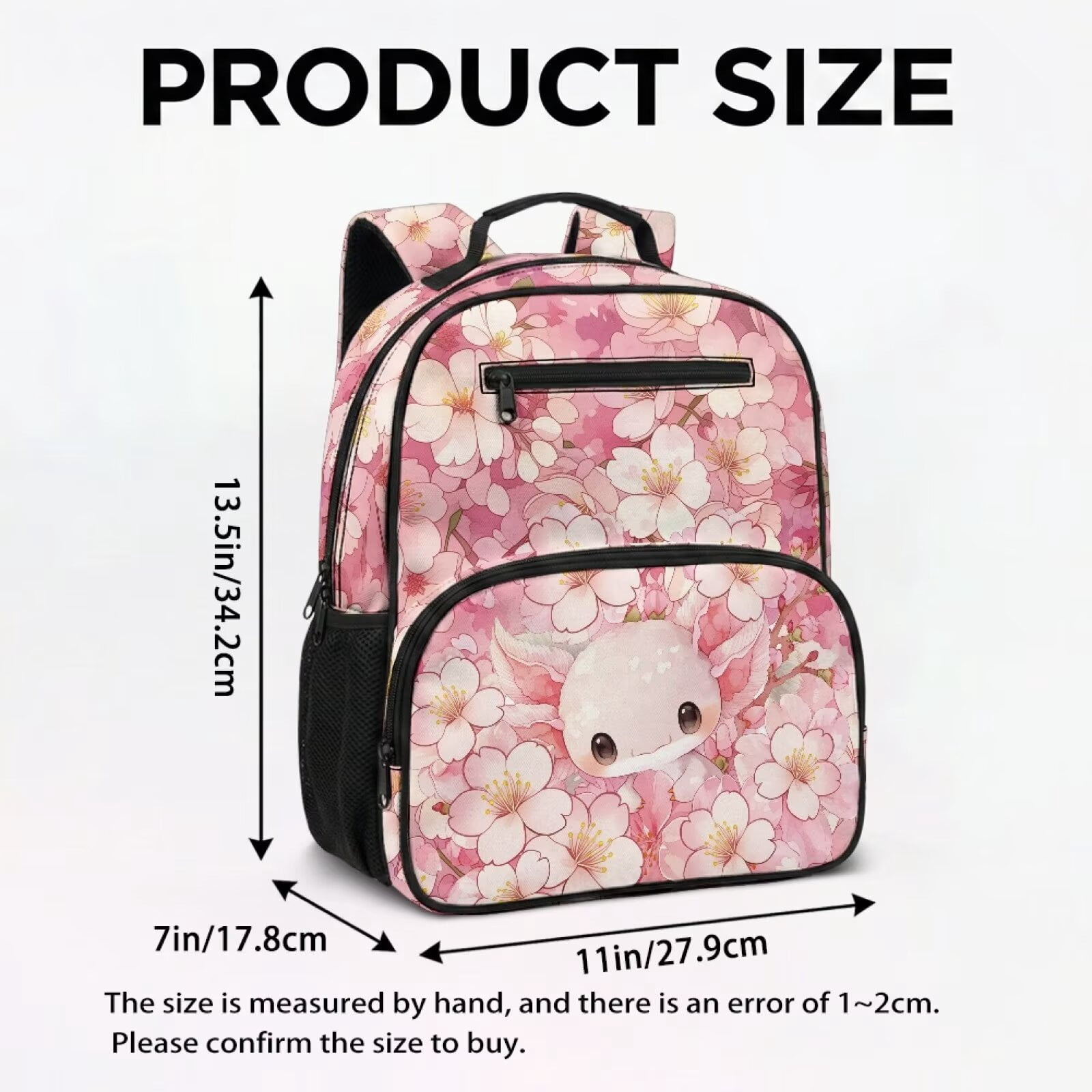 Pzuqiu Pink Cherry Blossom Axolotl 13.5 Inch Toddler Backpack for Kids Preschool Water Resistant Breathable School Bag with Multi Pockets Lightweight Daypack for Kindergarten