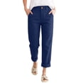 thumbnail image 2 of Linen Pants Women Petite High Waisted Cropped Pants Summer Beach Ankle Length Straight Leg Tapered Trouser Pant with Pockets with Pockets Navy L, 2 of 5