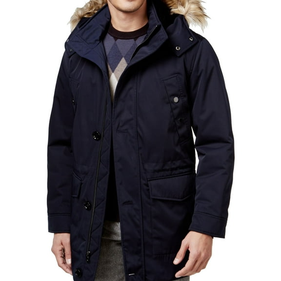 Ryan Seacrest Mens Luxe Twill Faux-Fur Parka Coat, Blue, Small