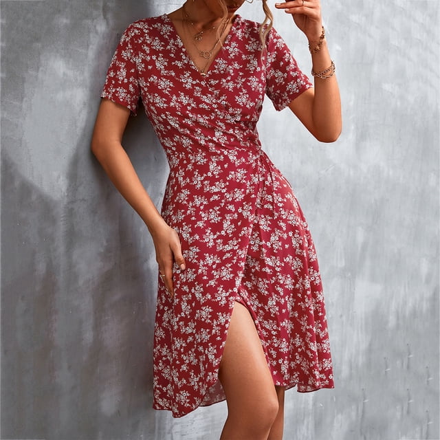 SMihono Robe d'Été pour Femmes Grande Taille Mode pour Femmes Décontractée Croisée Col en V à Nouer Imprimé Floral Fente Manches Courtes Robe Bohème