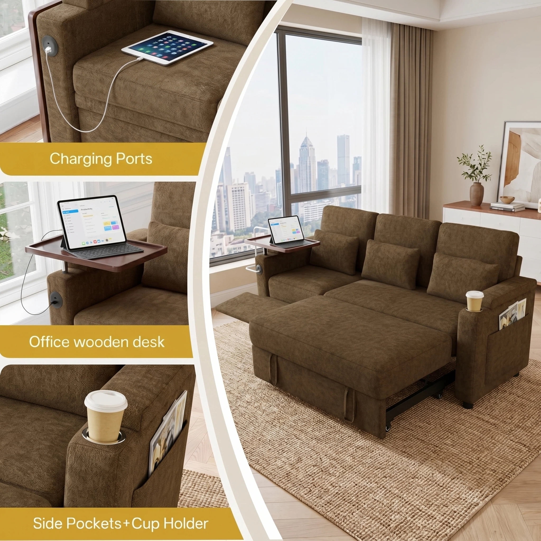 AISWORD 83" 3-in-1 Convertible Pull Out Sofa Bed, 6 Position Adjustable Sleeper Couch with USB Ports, Laptop Table, Cup Holders & Side Storage Pockets, Khaki