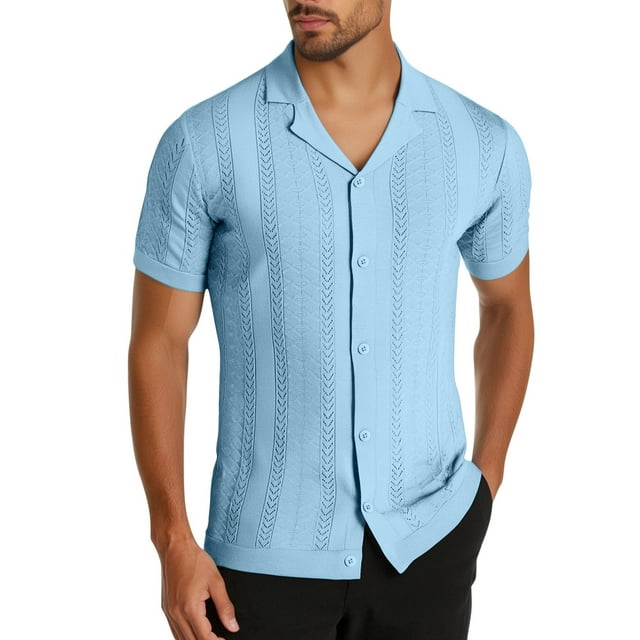 Camisas de Golf de los Hombres de Punto de Manga Corta Botón Arriba Cardigan, Solapa Casual Retro Top de Playa