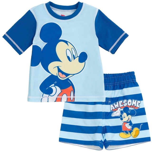 Conjunto de bañador Disney Mickey Mouse para bebés y niños UPF 50 o más, protector contra erupciones cutáneas, 12 meses, rayas azules