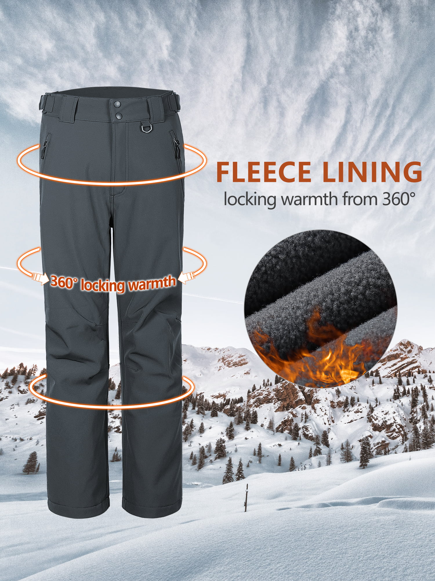 NASBING Men's Softshell Snow Ski Pants Waterproof Warm Fleece Lined Hiking  Pants Winter Windproof Pants with Multiple Pockets