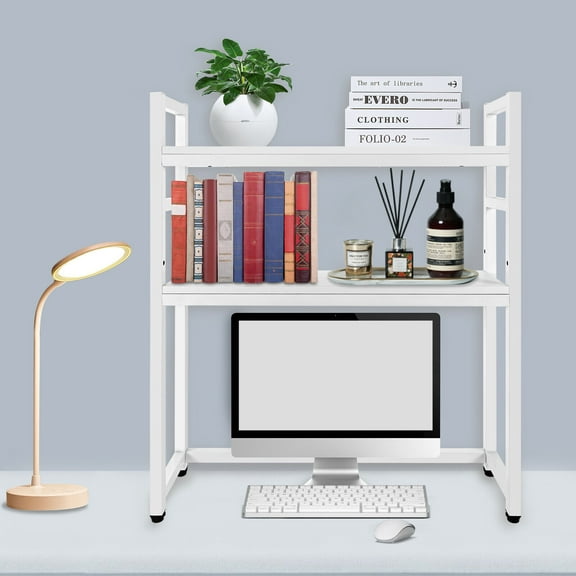 Computer Desktop Bookcase, 2-Tier Multipurpose Countertop Hutch Display Shelf, Adjustable Wood Rack Organizer for Home Dorm Office Supplies - White