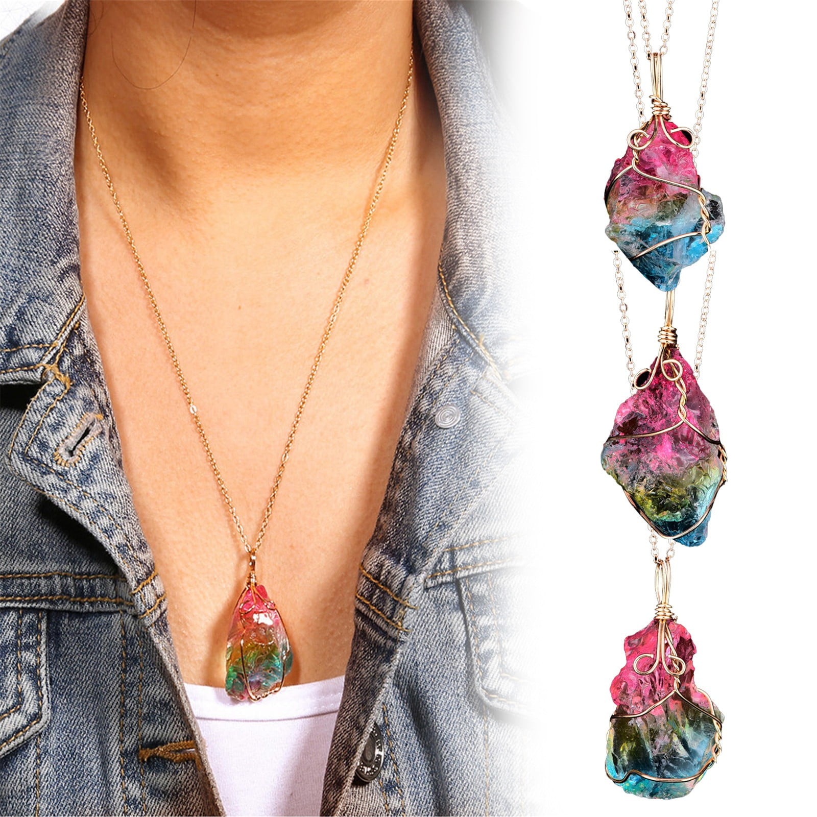 Multi Color Natural Stone Pendant Necklace Irregular Crystal Gold Chain Necklace 