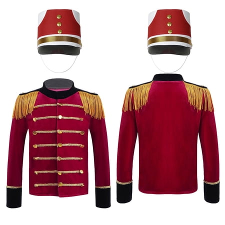 renvena Kids Boys Honor Guard Team Performance Outfit Long Sleeve Tassels Epaulets Top and Hat Costume