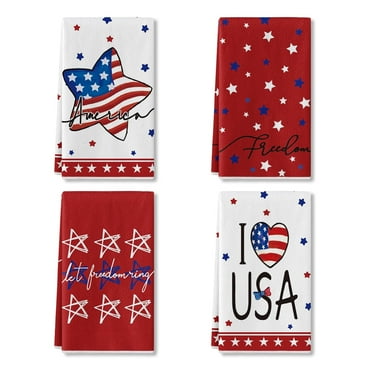 Sm:)e American Star Flag I Love USA 4th of July Kitchen Dish Towels 18 x 26 Inch Set of 4 Red