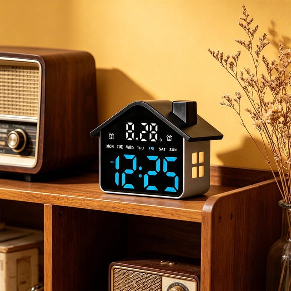 Reloj despertador LED con forma de casa y luz nocturna: pantalla multicolor, doble alarma con función de repetición, visualización de hora y fecha en formato 12/24 horas. Reloj electrónico funcional