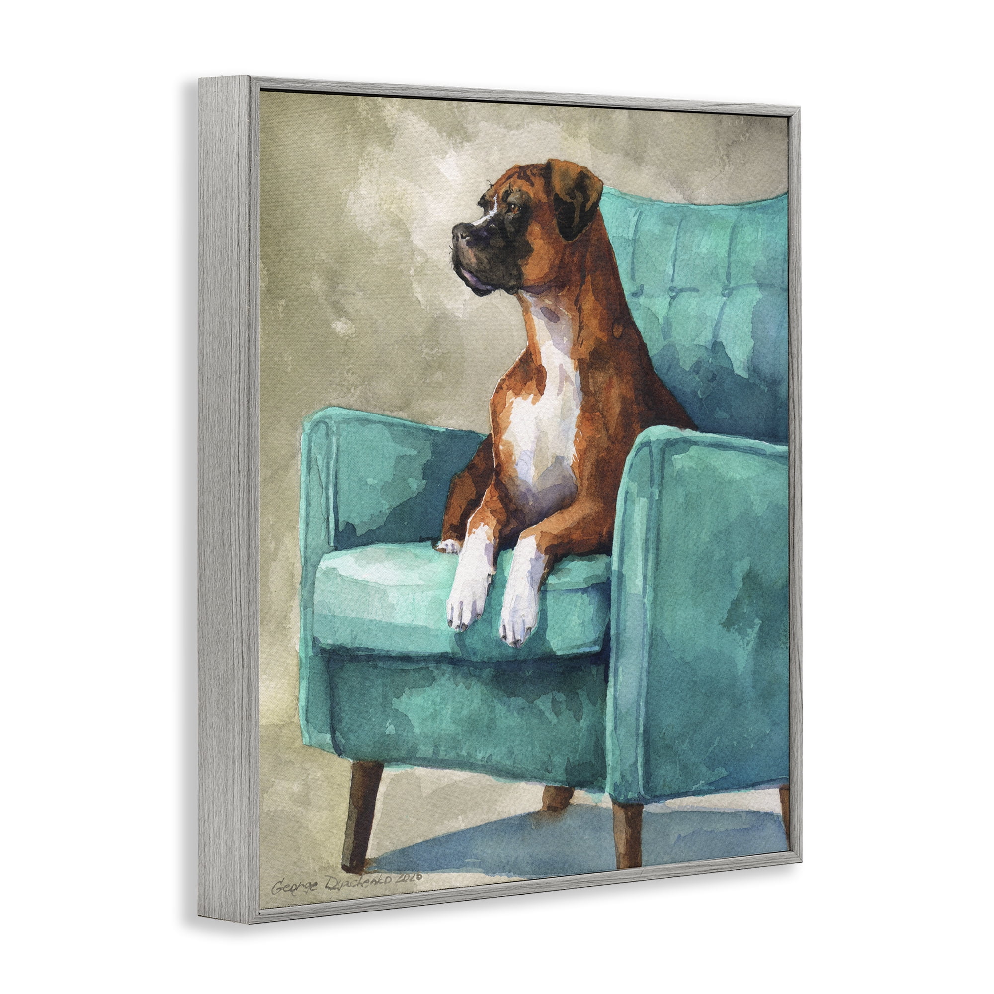 Stupell Industries Majesty Boxer on Armchair Gray Framed Giclee Art, design by George Dyachenko