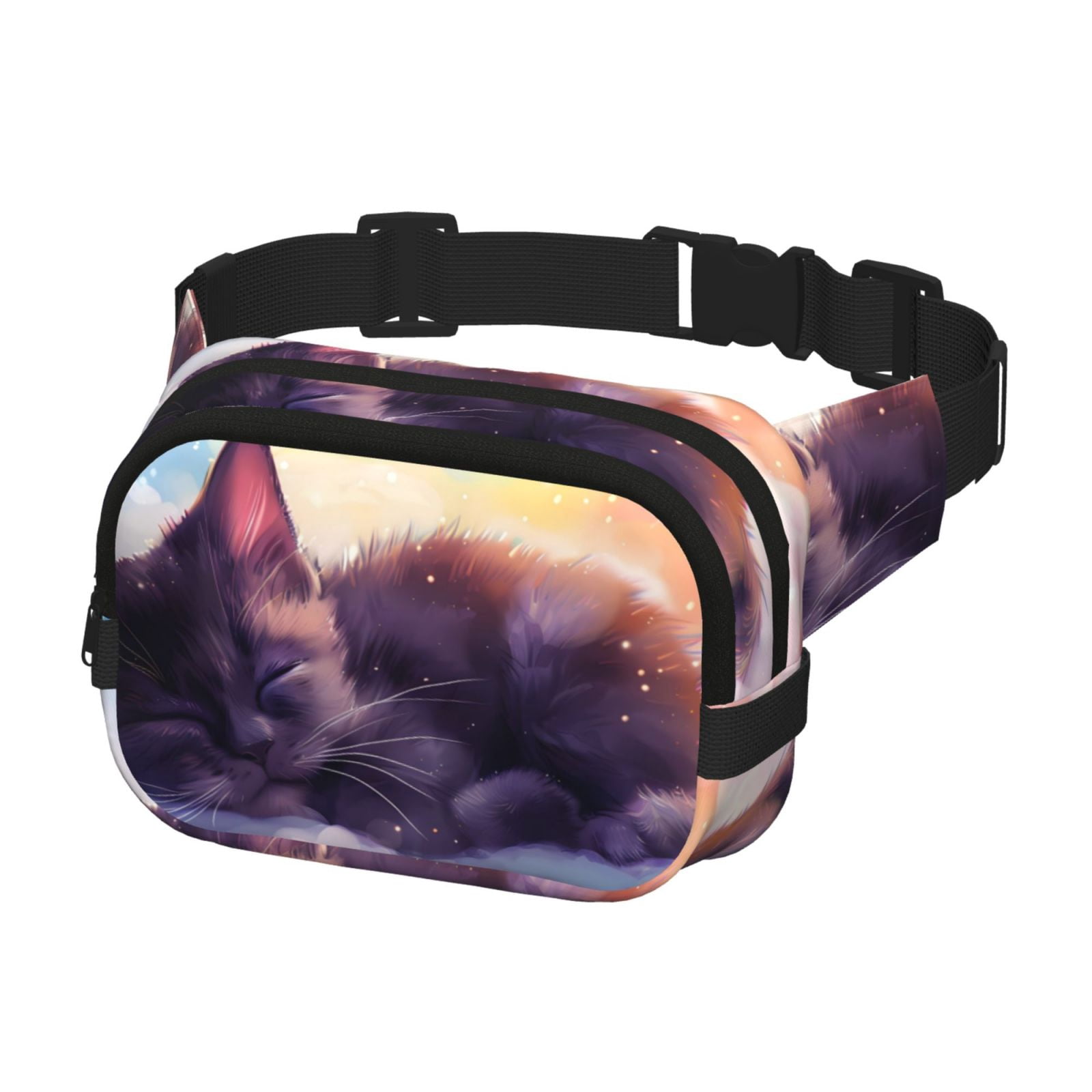 Picia Colorful Cloud Sleeping Cat Print Square Double-Layer Waist Bag Mini Adjustable Waist Belt Bag Exercise Running Travel Hiking