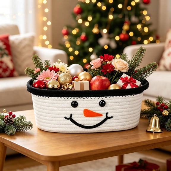 Mbvtdt Snowman Storage Basket, Black White Color Block Hand Woven Basket with Handles for Snacks Toys and Home Display