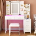 thumbnail image 3 of TOMNK White Vanity Desk with Stool, Mirror, LED Lights, Glass Top, RGB Drawers, Wireless Charging, 43" Wide, 3 of 7