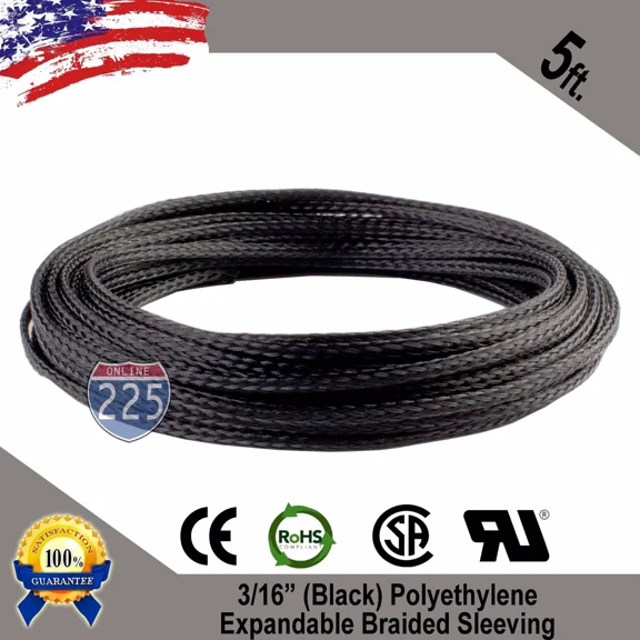 5 Ft. 3/16" Black Expandable Wire Cable Sleeving Sheathing Braided Loom Tubing