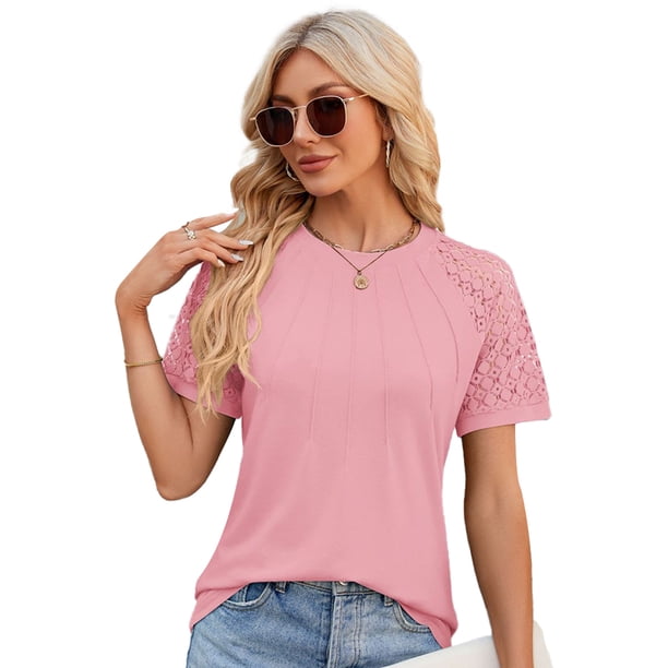 Blusas de moda para mujer, camisetas de cuello redondo, sexys, con retazos de encaje, de manga corta, blusas casuales de punto