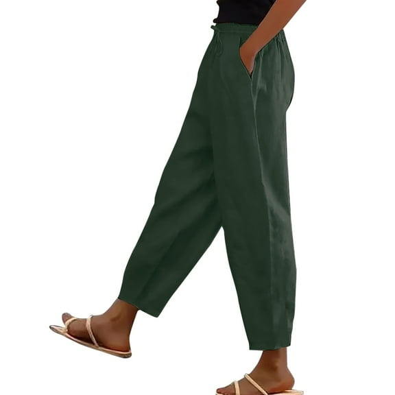 XIMIN Ladies High Waist Pants Women's Cotton and Linen Elastic Waistband High Waistband Pocket Pants Side Buttons Nine Point Pants Loose Casual Pants Straight Leg Pants(AG,M)