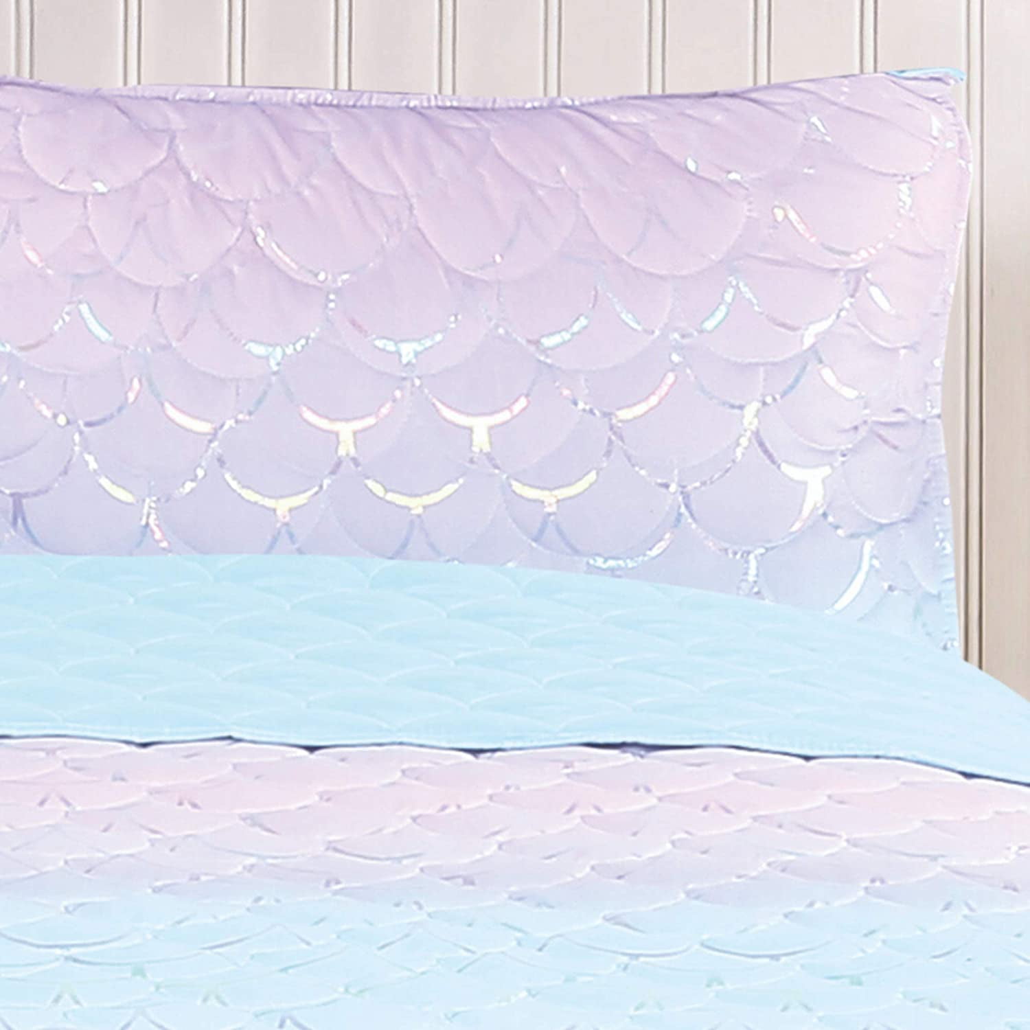 Tadpoles Girls Mermaid Pattern Quilt Set, with 1 Twin Size Quilt and 1 Standard Sham, Lightweight, Soft, and Durable, Iridescent Metallic,for Kids, 2-Piece Set - Twin
