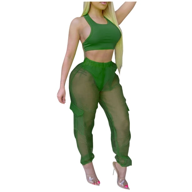 Chaleco de pantalones cargo de organza de malla a la moda para mujer, traje informal transparente para el hogar Pompotops qwe24787