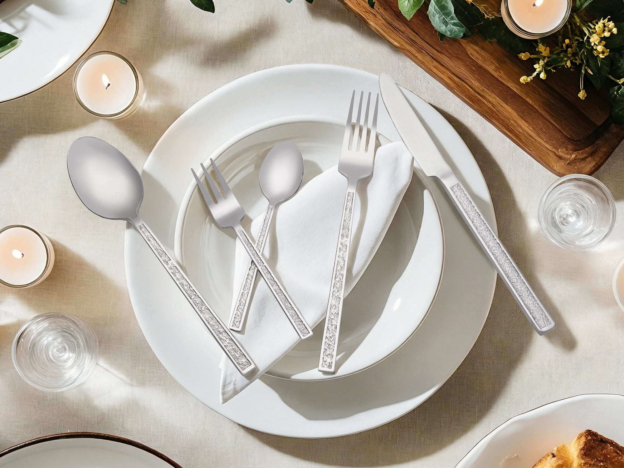 Unique Bargains 20 Pieces Stainless Steel with Texture Flatware Set for 4 Silver