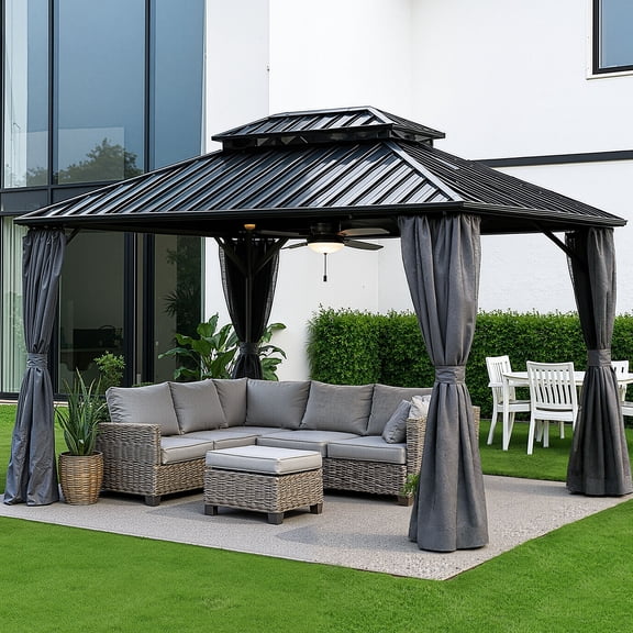 MeWang  Hardtop Gazebo 10x10, Aluminum Frame Canopy with Double Galvanized Steel Roof, Outdoor Gazebo with Breathable Netting and Privacy Curtain for Backyard