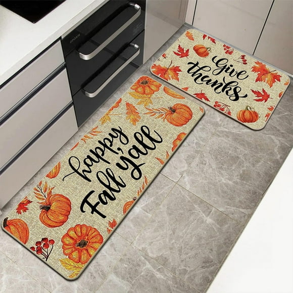 Fall Pumpkin Maple Leaf Floor Mat Two Piece Set Halloween Thanksgiving Decorative Floor Mat Bathroom Kitchen Mat Porch Carpet Long Strip Foot Mat Entrance Mat