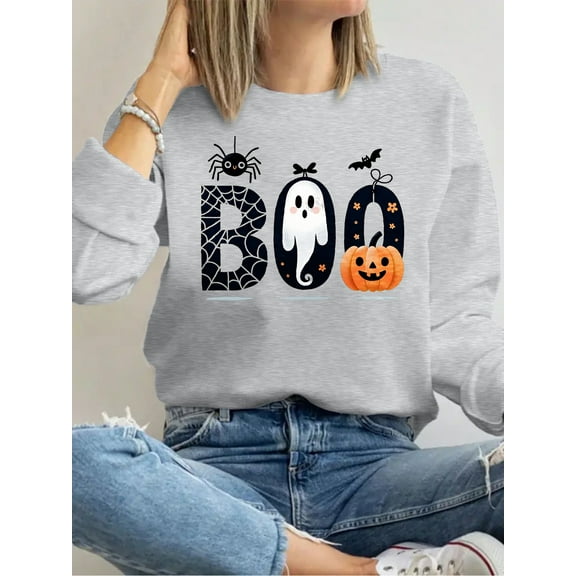 Boo Spider Web Ghostly Pumpkin Print Halloween Shirt Long Sleeve Shirts For Women Gray One-Piece