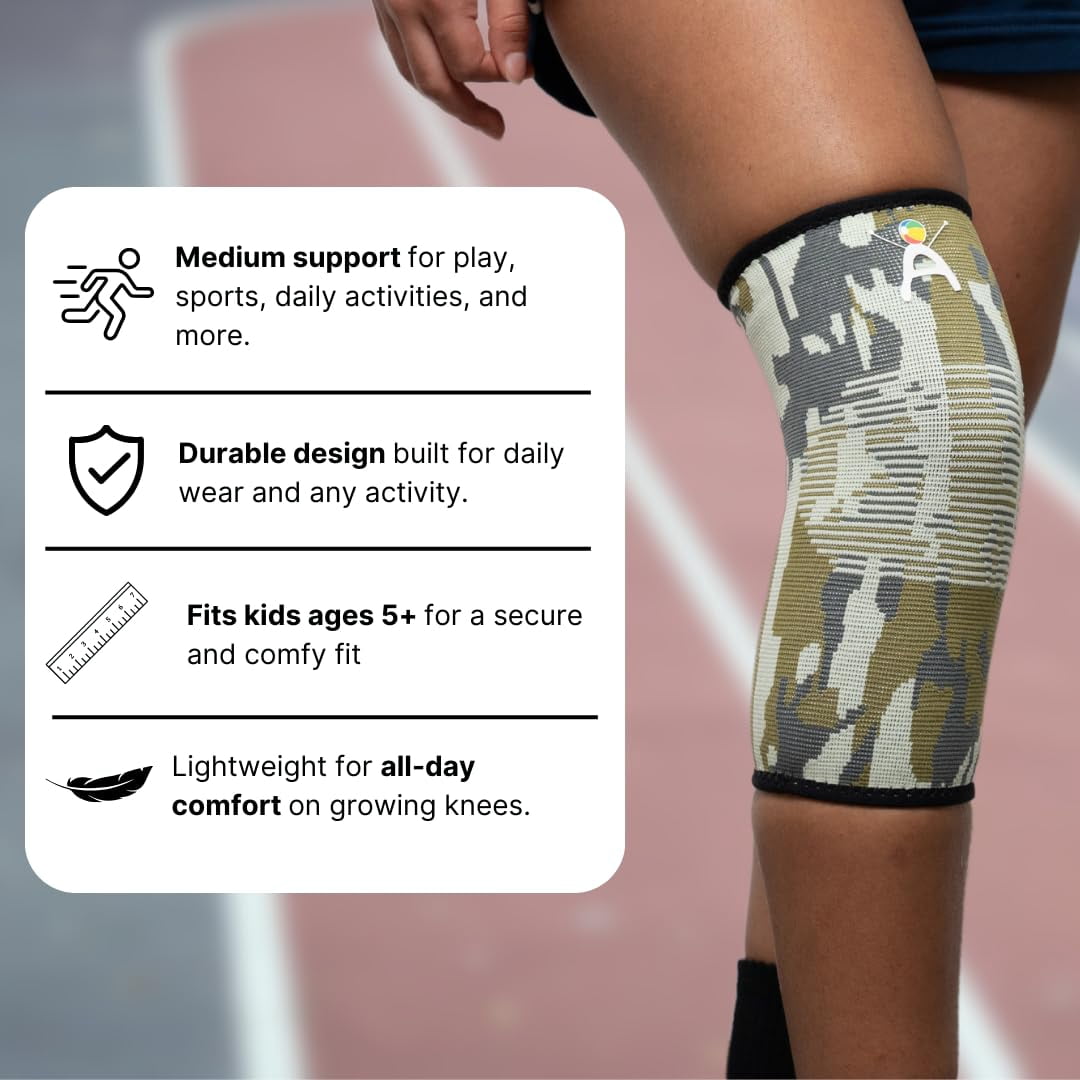 Kids Knee Brace Sleeve – Youth Knee Compression Support for Children | Knee Pain Relief & Sports Use – Boys & Girls Sizes for Basketball, Gymnastics, & Everyday Wear (1, Green Camouflage, Small)
