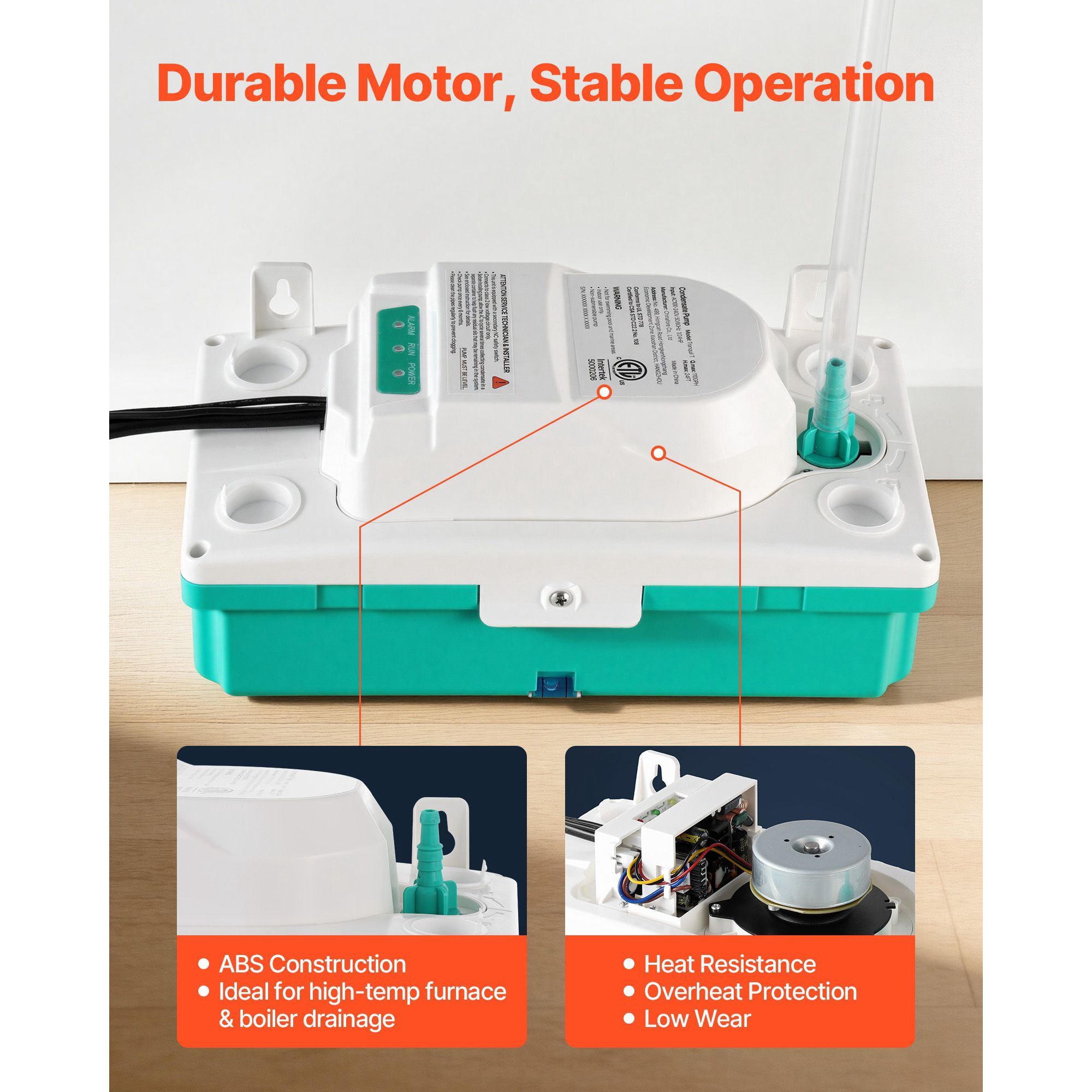 Condensate Removal Pump 1/24 HP 110 GPH 24ft Lift Quiet ≤30dB for HVAC Dehumidifier