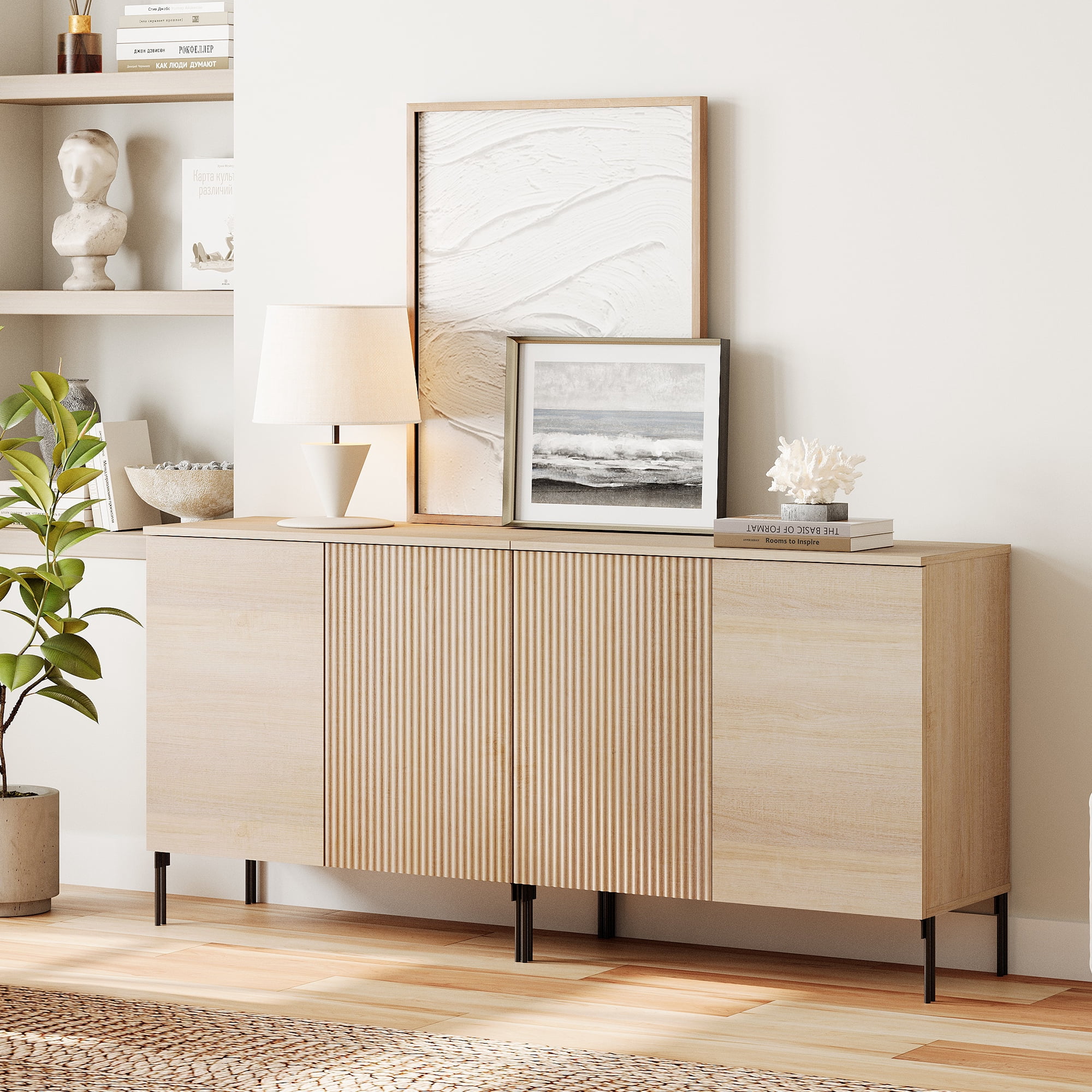 63" Reeded Accent Cabinet Set with Adjustable Shelves, Modern Credenza Storage Cabinet with Doors for Living Room, Kitchen, Dining Room, Hallway