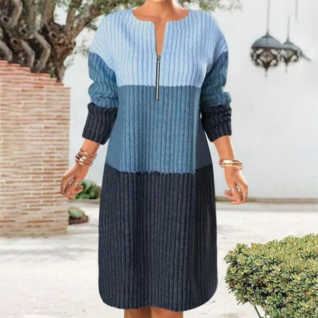 Gspmoly Robes Grande Taille pour Femmes Rondes, Nouveau Chandail d'Hiver pour Femmes avec Fermeture Éclair, Panneau Contrasté, Manches Longues, Robe Longue à Fermeture Éclair, Robes de Mariage pour Femmes jusqu'à 70 % de Rabais