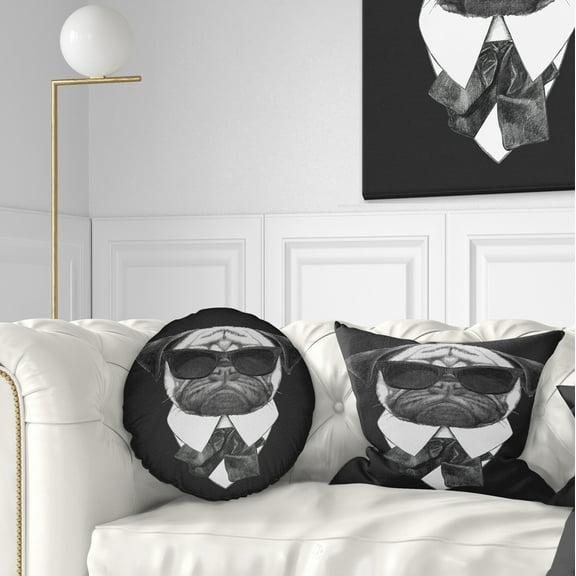 Designart Funny Dog with Black Glasses - Animal Throw Pillow - 12x20