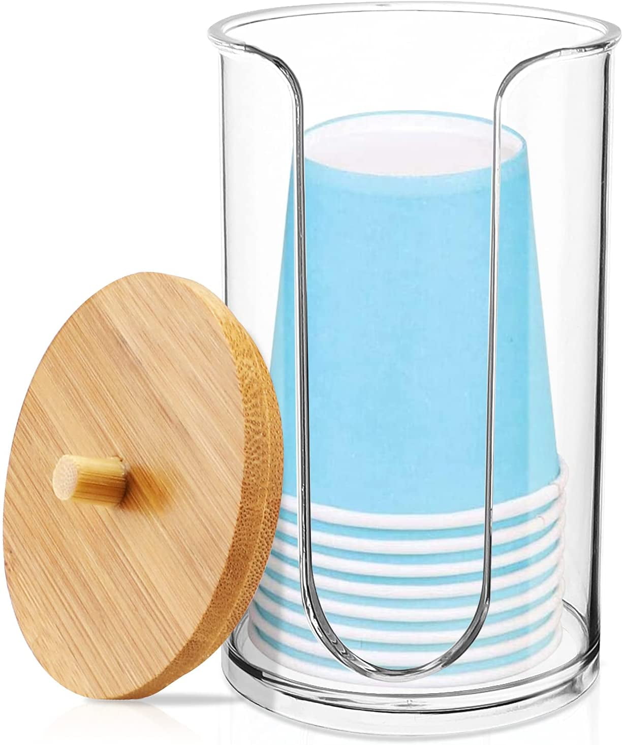 TCJJ Acrylic Bathroom Cup Dispenser Holder for Disposable Paper Cup with Bamboo Lid, Mouthwash Cups Holder for Bathroom Guest Room Counter-Tops (Clear 1 Pack)