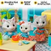 Honey Bee Acres Purringtons Cat Family – Includes 4 Miniature Flocked Animal Figures with Removable Outfits – Dolls for Kids Ages 3+