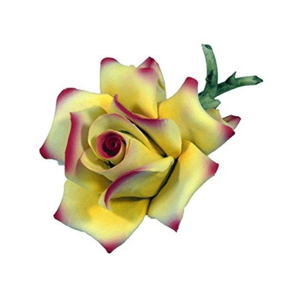 Capodimonte Rose on Stem Yellow Purple Porcelain Flower Hand 8" Made in Italy