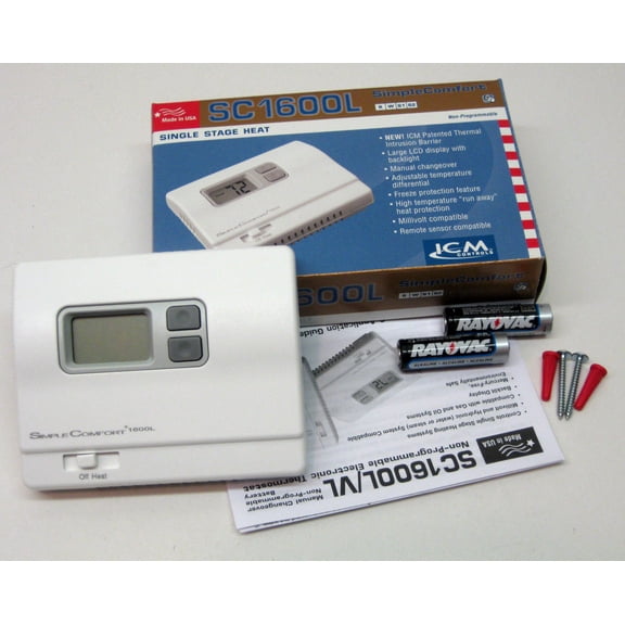 Icm Non-Programmable Thermostat, 1 H, None C, Battery, 3V DC SC1600L