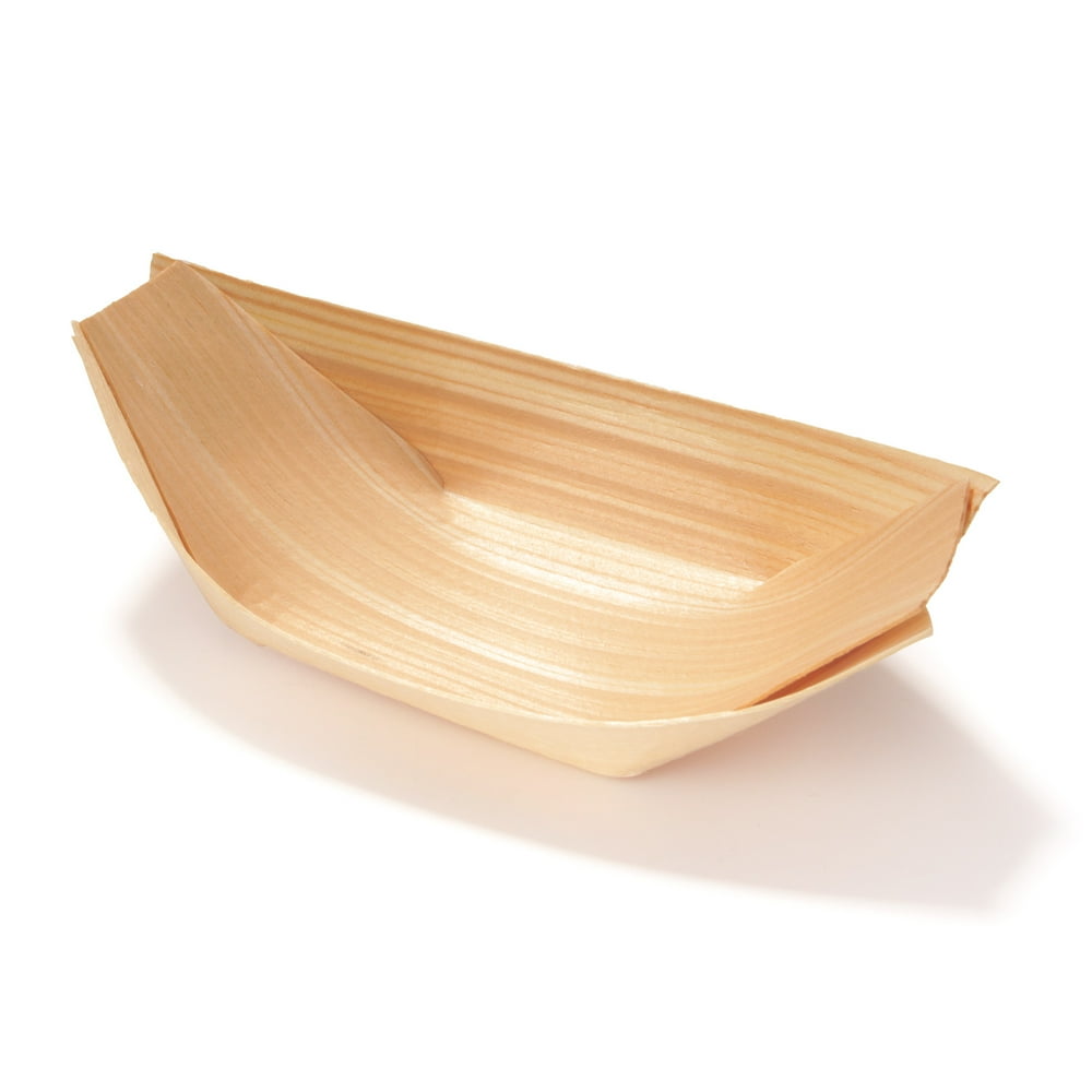 BambooMN Disposable Wood Boat Plates Dishes Food Serving Tray, 4.3