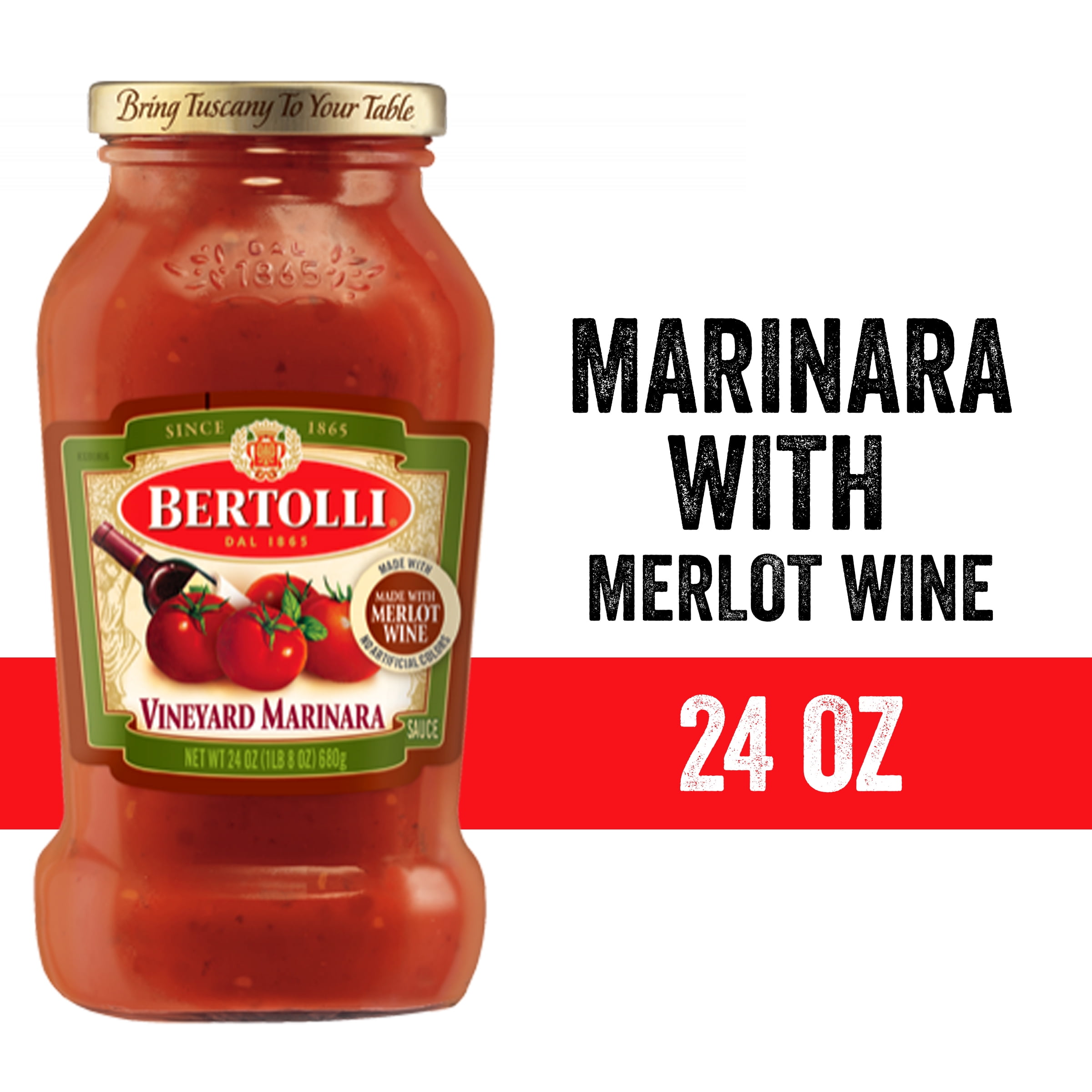 Bertolli Vineyard Marinara Sauce with Merlot Wine, Authentic Tuscan Style Pasta Sauce Made with Vine-Ripened Tomatoes, Herbs and Spices and Merlot, 24 OZ