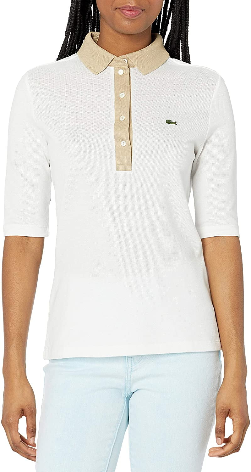 Lacoste Womens Contrast Shirt Flour/Viennese Fit Slim Sleeve Polo 0 3/4 Placket