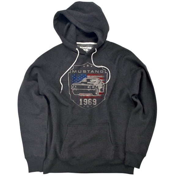 Ford Mustang 1969 Flag Unisex Adult Slim Fit Pull-Over Heather Hoodie, Charcoal, Small