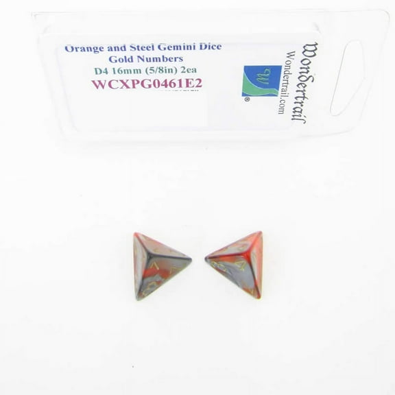 Orange and Steel Gemini Dice with Gold Numbers D4 Aprox 16mm (5/8in) Pack of 2 Wondertrail