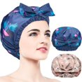 thumbnail image 1 of 2 gorros de ducha reutilizables, extra grandes, ajustables y de doble capa, impermeables, con nudo de lazo, gorro reutilizable para mujeres, exterior impermeable y forro de EVA para ducha, spa, maquil, 1 of 5