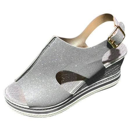 

PMUYBHF Womens Sandals Comfortable Cute Ladies Fashion Solid Color Leather Sequin Leather Open Toe Buckle Wedge Heel Sandals